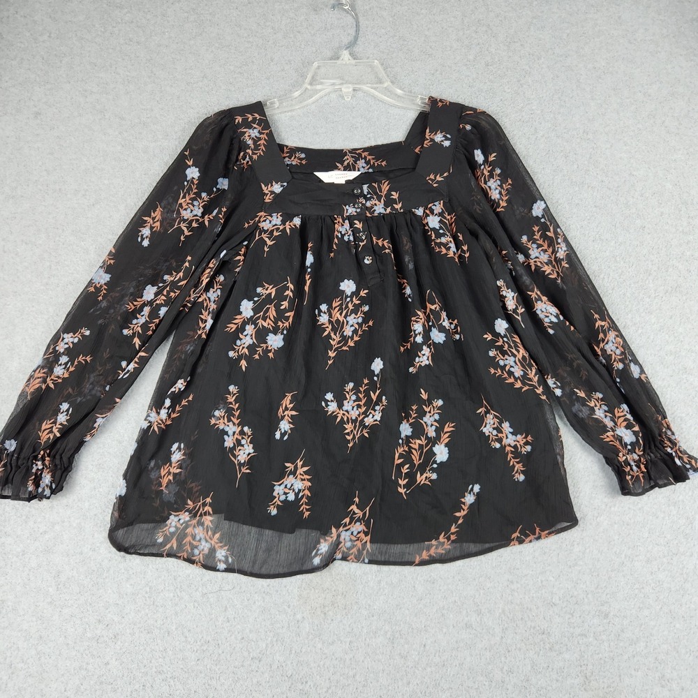 LC Lauren Conrad Blouse Top Womens XS Black Floral Square Neck Smocked Cuff Boho